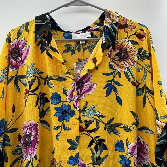 VIP by Avenue Yellow Multicolor Floral Short Sleeve Button Down Shirt Sz 30/32 - Picture 2 of 8